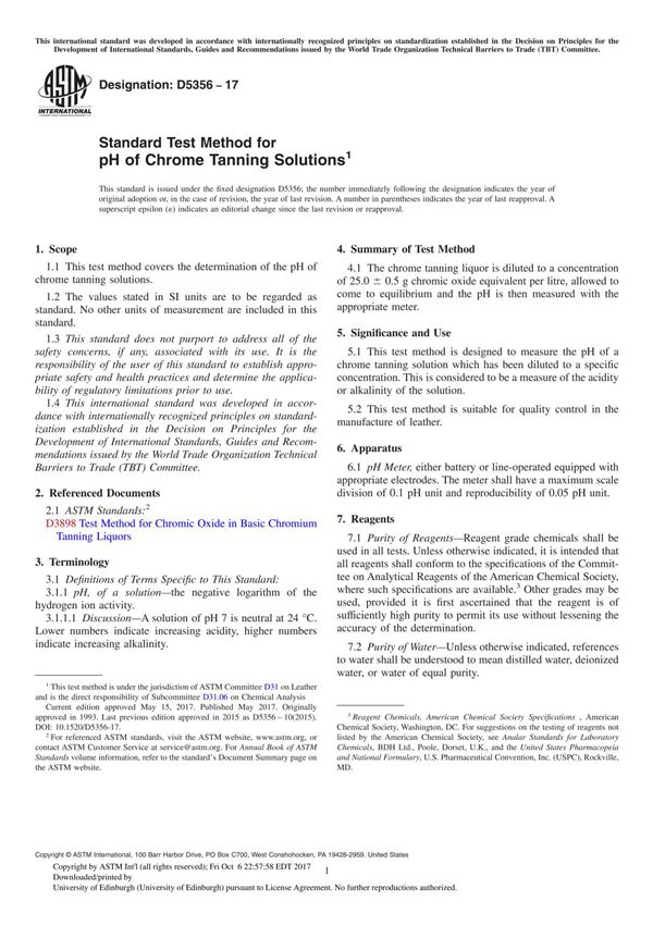 ASTM D5356-17 Standard Test Method for pH of Chrome Tanning Solution