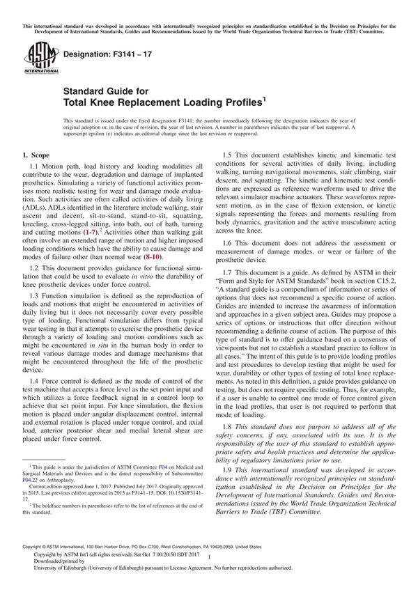 ASTM F3141-17 Standard Guide for Total Knee Replacement Loading Profile