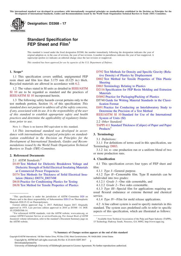 ASTM D3368-17 Standard Specification for FEP Sheet and Film
