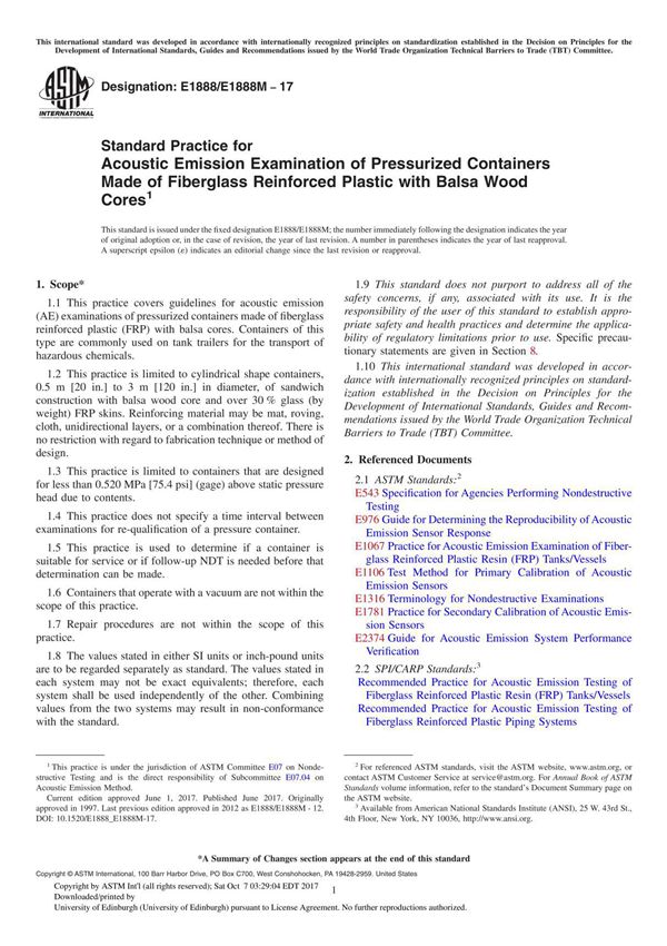 ASTM E1888E1888M-17 Standard Practice for Acoustic Emission Examination of Pressurized Containers Made of Fiberglass Reinforced