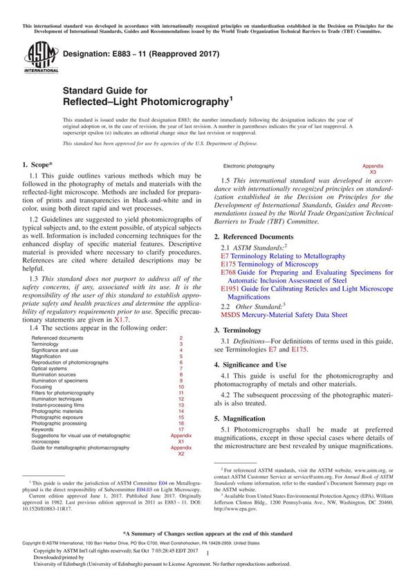 ASTM E883-11(2017) Standard Guide for Reflected–Light Photomicrography