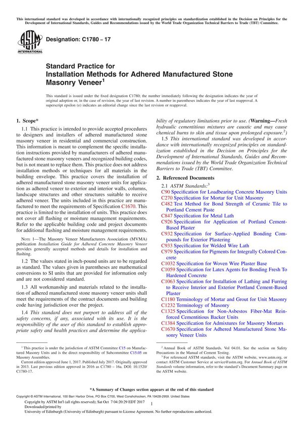 ASTM C1780-17 Standard Practice for Installation Methods for Adhered Manufactured Stone Masonry Veneer