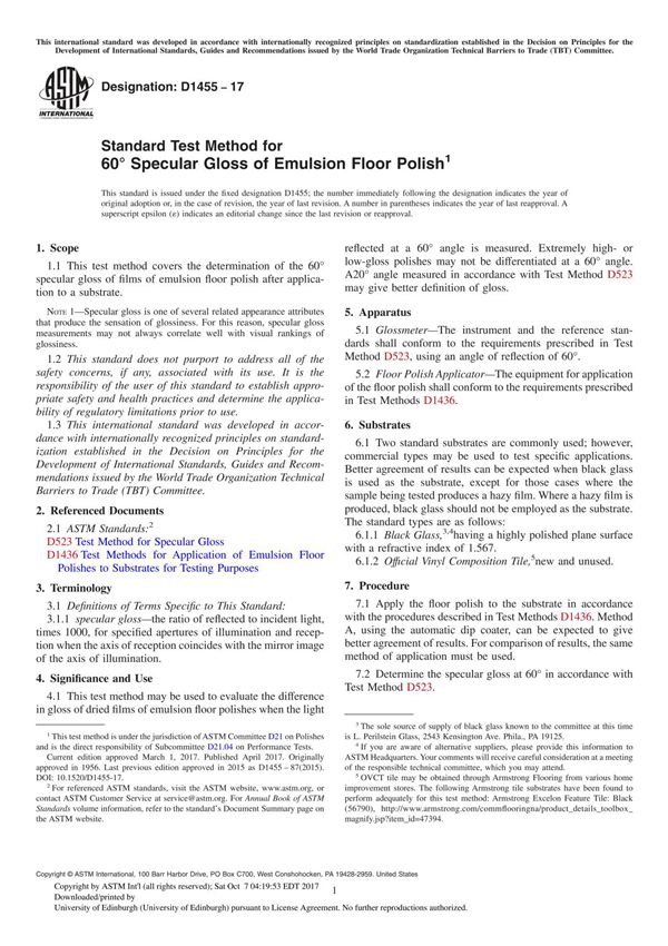 ASTM D1455-17 Standard Test Method for 60° Specular Gloss of Emulsion Floor Polish