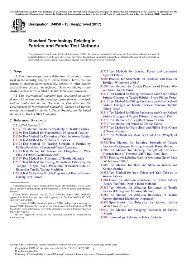 ASTM D4850-13(2017) Standard Terminology Relating to Fabrics and Fabric Test Method