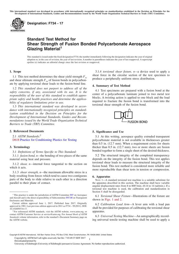 ASTM F734-17 Standard Test Method for Shear Strength of Fusion Bonded Polycarbonate Aerospace Glazing Material