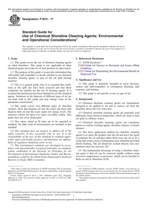 ASTM F1872-17 Standard Guide for Use of Chemical Shoreline Cleaning Agents Environmental and Operational