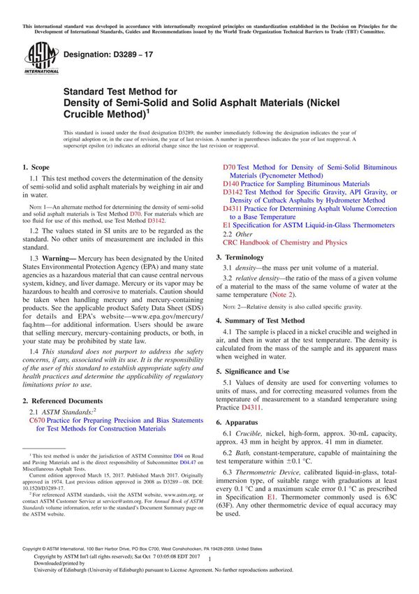 ASTM D3289-17 Standard Test Method for Density of Semi-Solid and Solid Asphalt Materials (Nickel Crucible Method)