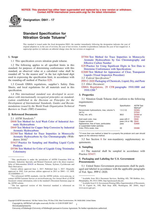 ASTM D841 - 17 Standard Specification for Nitration Grade Toluene