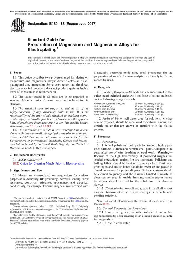 ASTM B480-88(2017) Standard Guide for Preparation of Magnesium and Magnesium Alloys for Electroplating