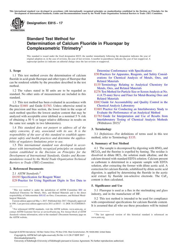 ASTM E815-17 Standard Test Method for Determination of Calcium Fluoride in Fluorspar by Complexometric Titrimetry