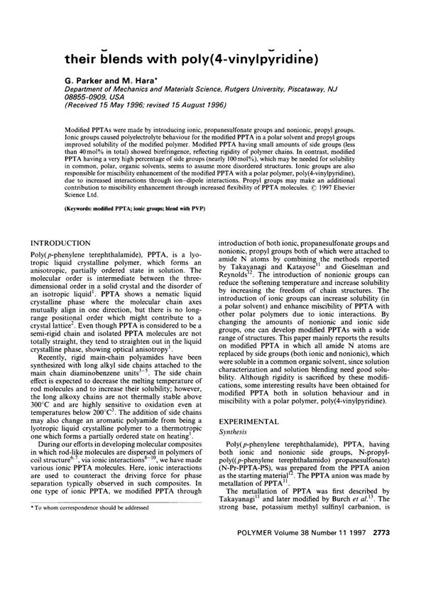 Poly(p-phenylene terephthalamide)s (PPTAs) having ionic and nonionic side groups and their blends with poly(4-vinylpyridine)