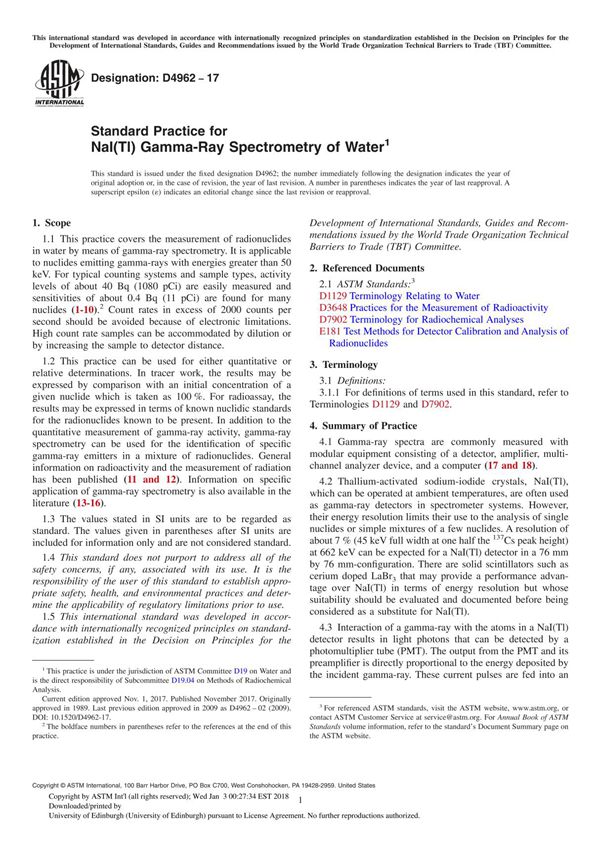 ASTM D4962-17 Standard Practice for NaI(Tl) Gamma-Ray Spectrometry of Water