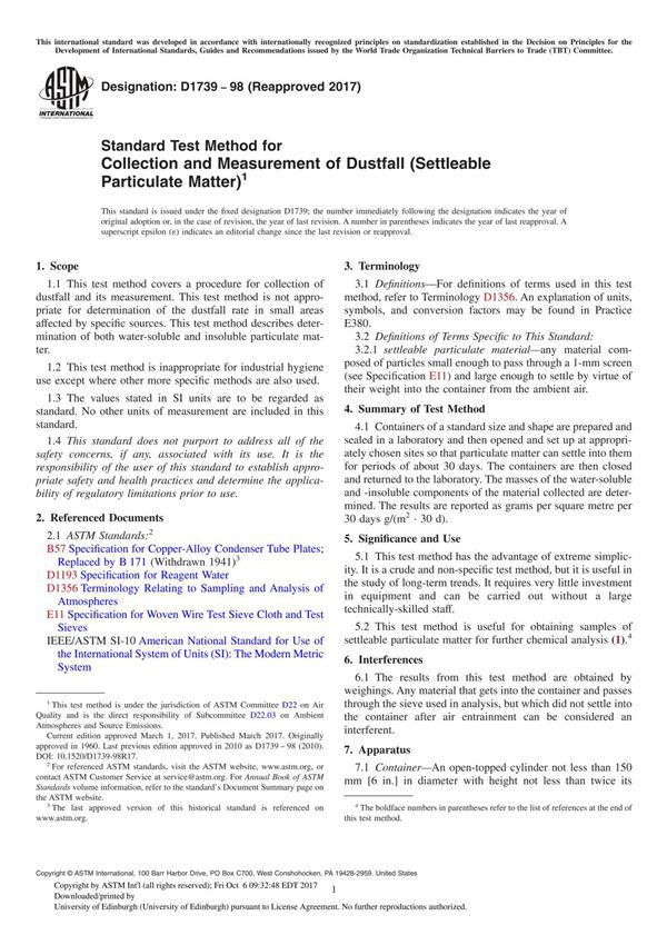 ASTM D1739-98(2017) Standard Test Method for Collection and Measurement of Dustfall (Settleable Particulate Matter)