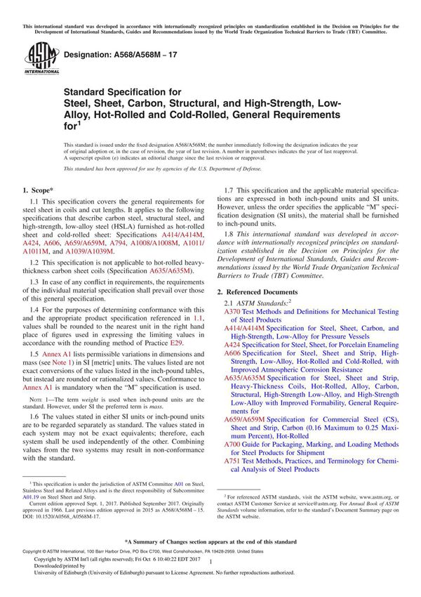 ASTM A568 A568M-17 Standard Specification for Steel, Sheet, Carbon, Structural, and High-Strength, Low-Alloy, Hot-Rolled and Col