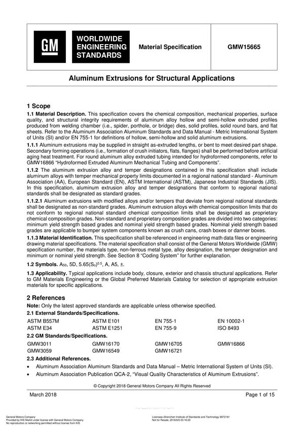 GMW 15665-2018 Aluminum Extrusions For Structural Applications (I