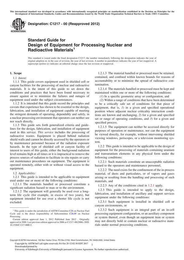 ASTM C1217-00(2012) Standard Guide for Design of Equipment for Processing Nuclear and Radioactive Material