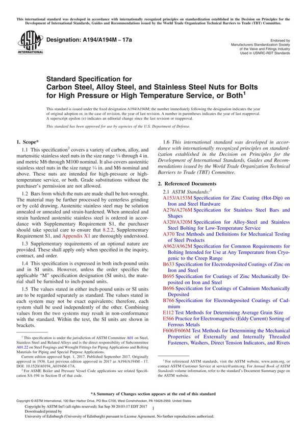 ASTM A194 A194M-17a Standard Specification for Carbon Steel, Alloy Steel, and Stainless Steel Nuts for Bolts for High Pressure o