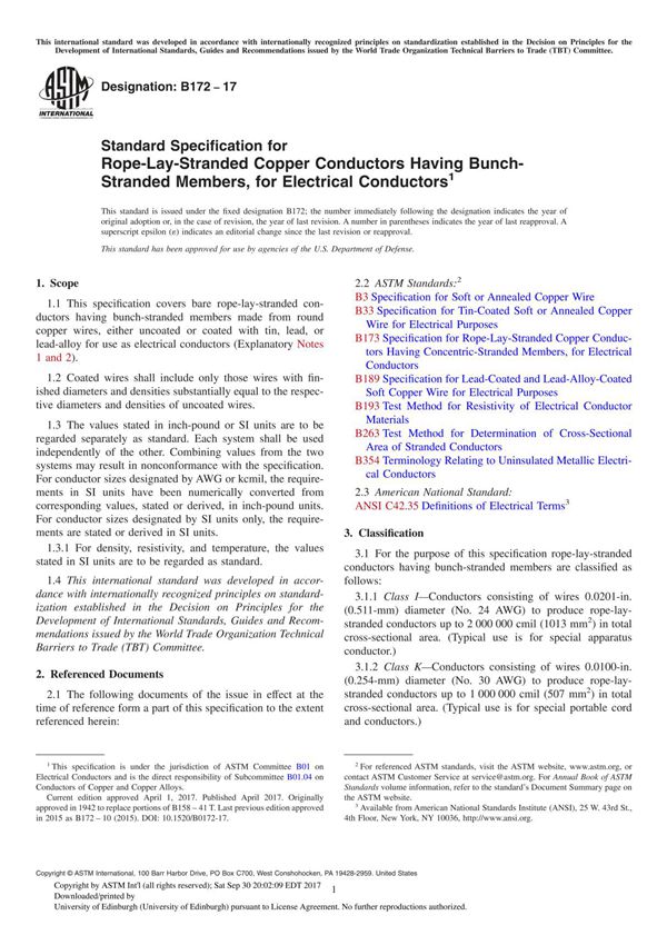 ASTM B172-17 Standard Specification for Rope-Lay-Stranded Copper Conductors Having Bunch-Stranded Members, for Electrical Conduc