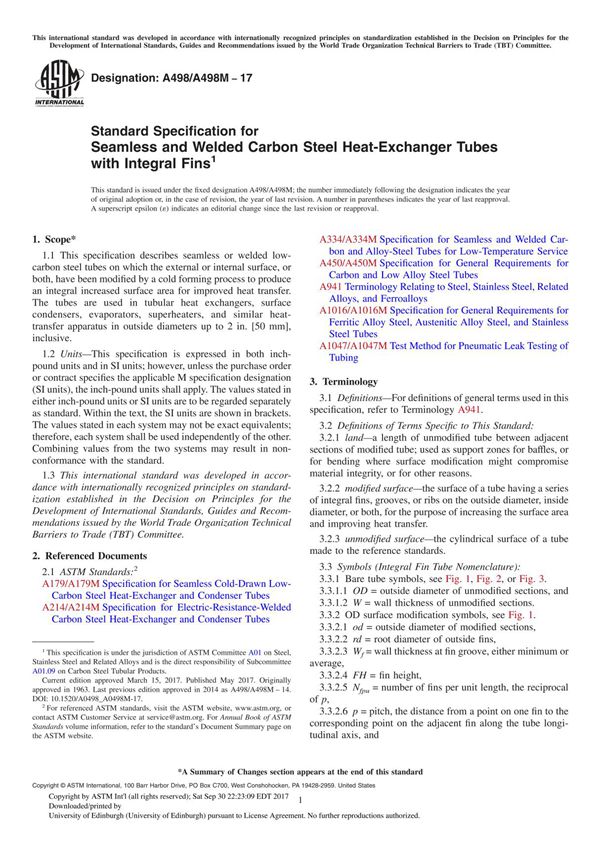 ASTM A498A 498M-17 Standard Specification for Seamless and Welded Carbon Steel Heat-Exchanger Tubes with Integral Fin