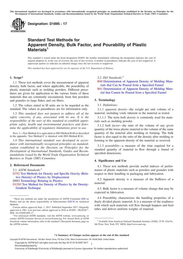 ASTM D1895-17 Standard Test Methods for Apparent Density, Bulk Factor, and Pourability of Plastic Material