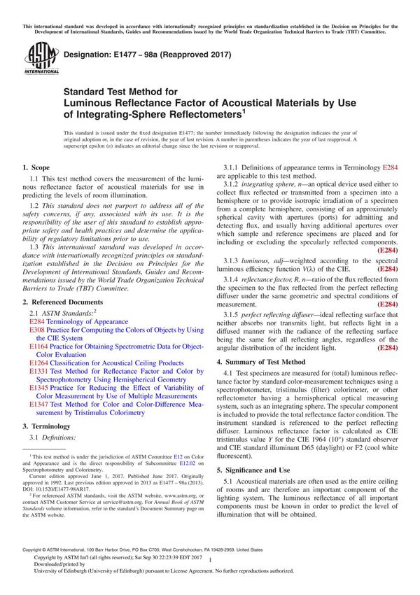 ASTM E1477-98a(2017) Standard Test Method for Luminous Reflectance Factor of Acoustical Materials by Use of Integrating-Sphere R