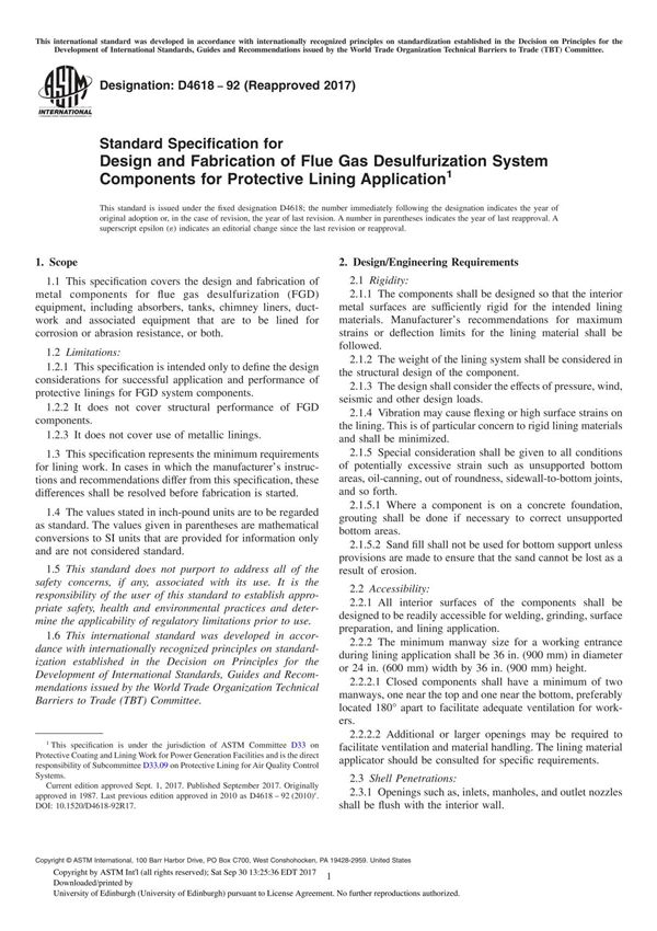 ASTM D4618-92(2017) Standard Specification for Design and Fabrication of Flue Gas Desulfurization System Components for Protecti