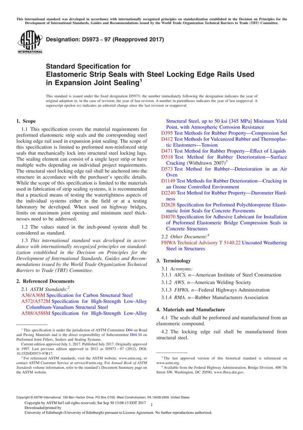 ASTM D5973-97(2017) Standard Specification for Elastomeric Strip Seals with Steel Locking Edge Rails Used in Expansion Joint Sea