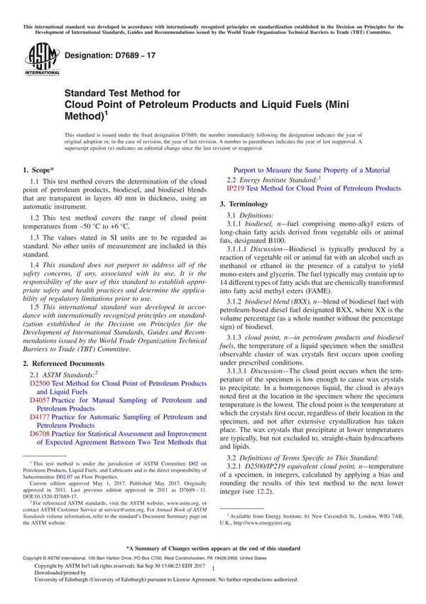 ASTM D7689-17 Standard Test Method for Cloud Point of Petroleum Products and Liquid Fuels (Mini Method)