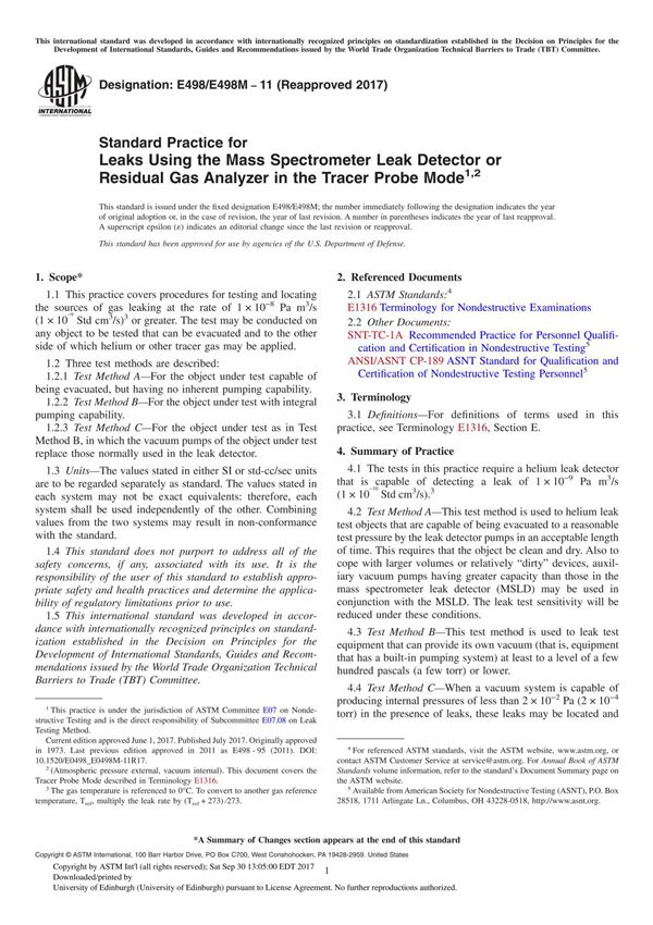 ASTM E498 E498M-11(2017) Standard Practice for Leaks Using the Mass Spectrometer Leak Detector or Residual Gas Analyzer in the T
