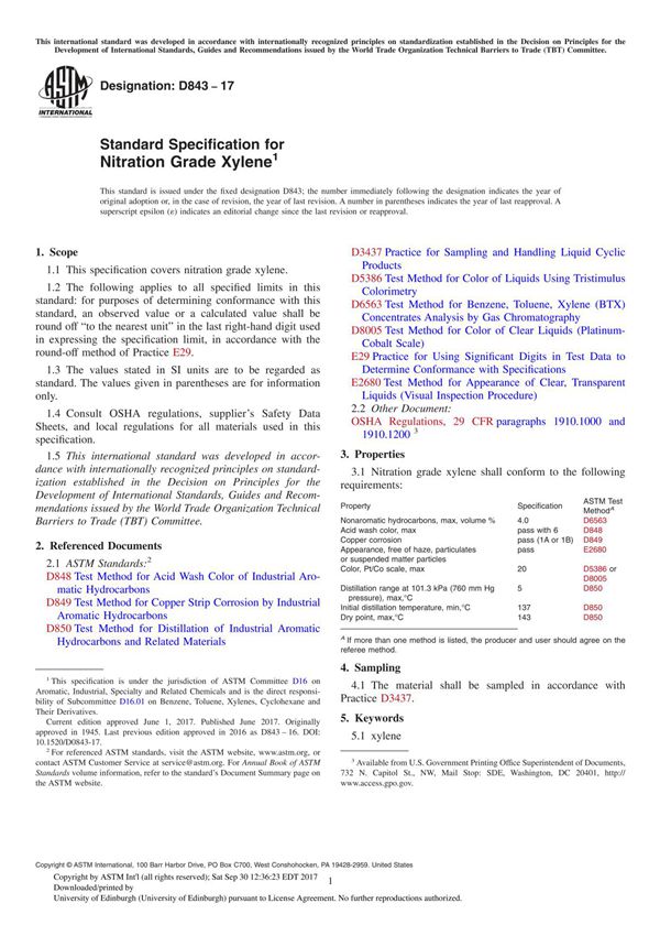ASTM D843-17 Standard Specification for Nitration Grade Xylene