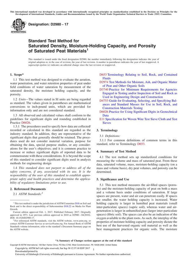 ASTM D2980-17 Standard Test Method for Saturated Density, Moisture-Holding Capacity, and Porosity of Saturated Peat Material