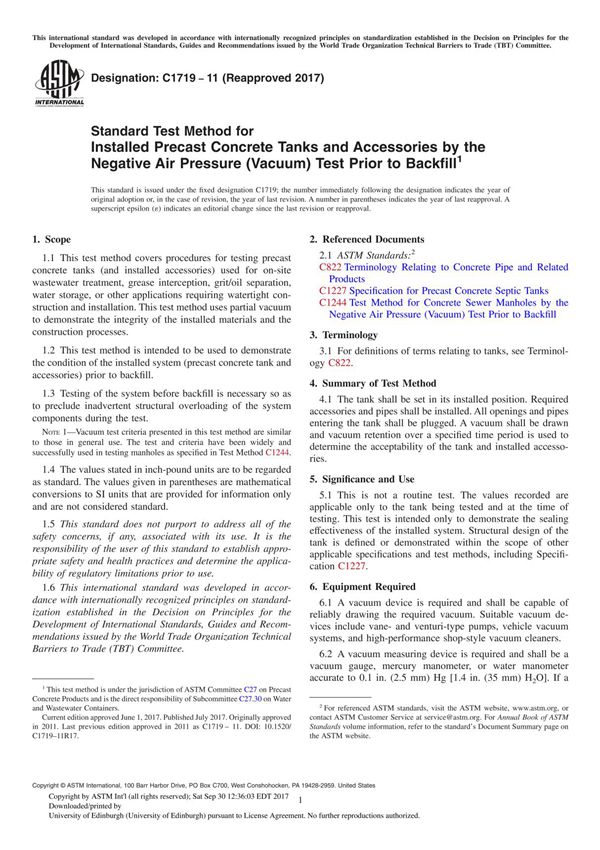 ASTM C1719-11(2017) Standard Test Method for Installed Precast Concrete Tanks and Accessories by the Negative Air Pressure (Vacu
