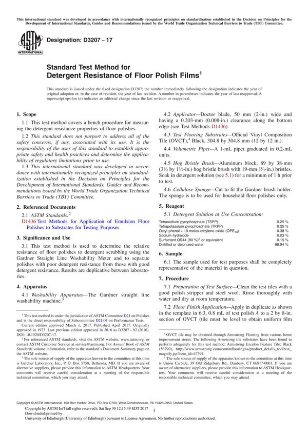 ASTM D3207-17 Standard Test Method for Detergent Resistance of Floor Polish Film