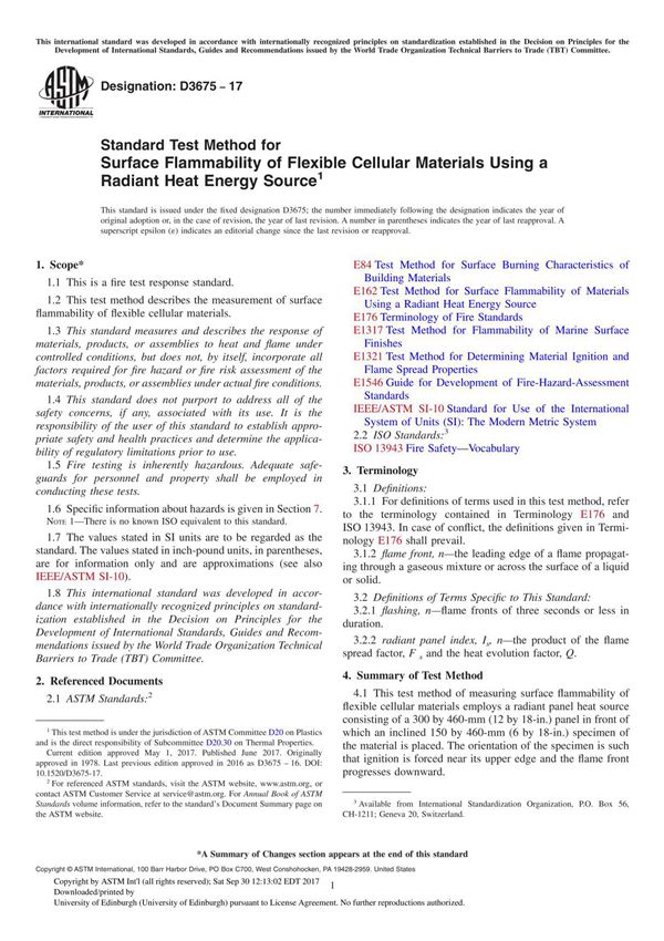 ASTM D3675-17 Standard Test Method for Surface Flammability of Flexible Cellular Materials Using a Radiant Heat Energy Source