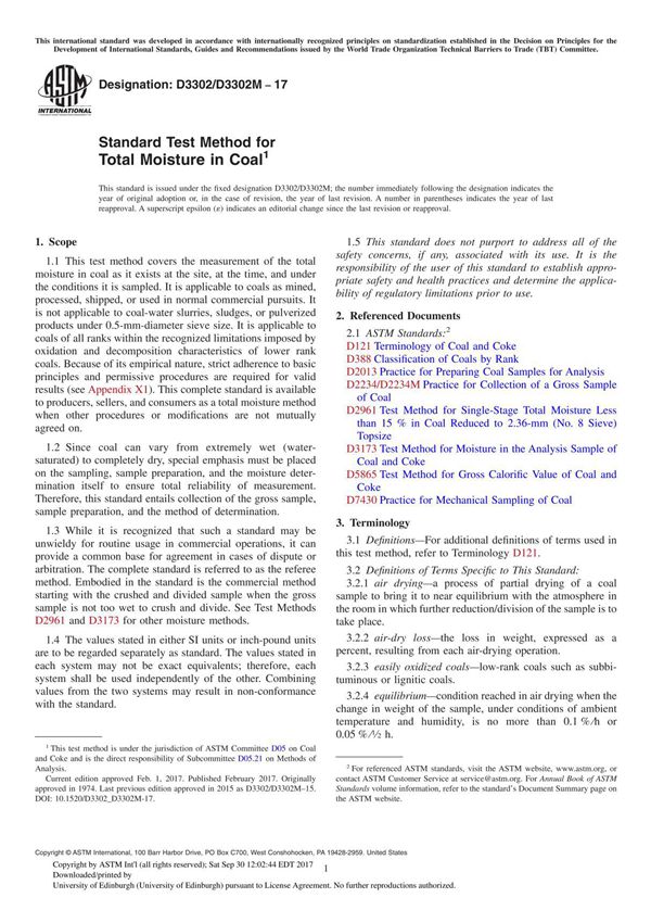 ASTM D3302D 3302M-17 Standard Test Method for Total Moisture in Coal