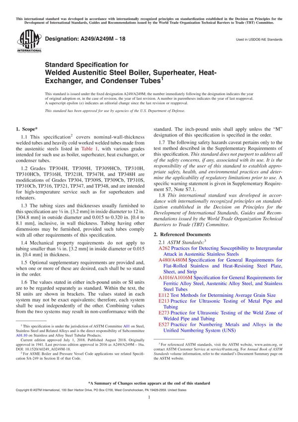 ASTM A249 A249M-2018 焊接奥氏体钢锅炉,过热器,热交换器和冷凝器管的标准规范