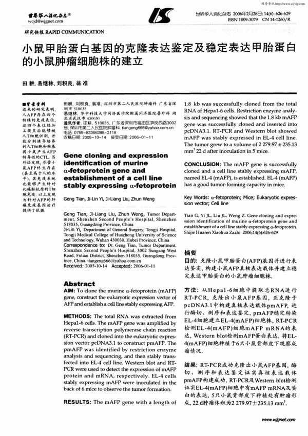 小鼠甲胎蛋白基因的克隆表达鉴定及稳定表达甲胎蛋白的小鼠肿瘤细胞株的建立