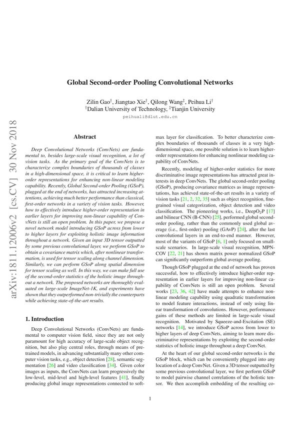 Global Second-order Pooling Convolutional Networks 全球二级池卷积网络