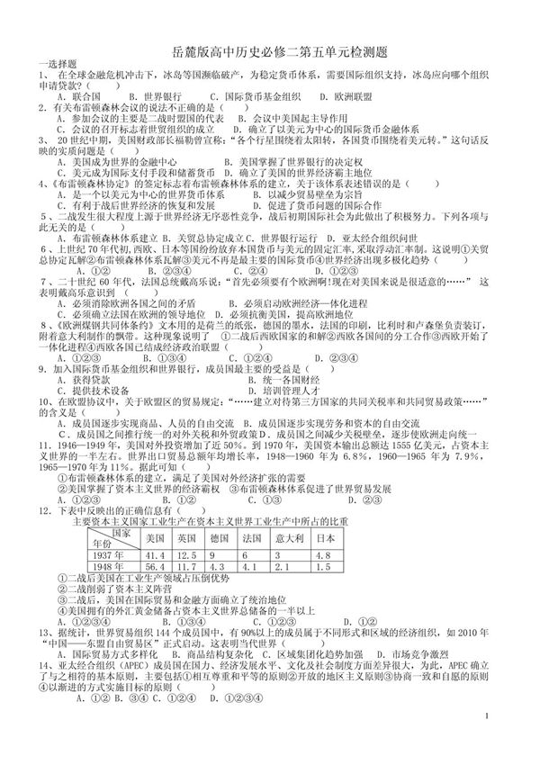 岳麓版高中历史必修二第五单元检测题 PDF
