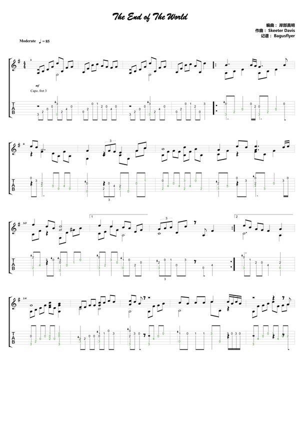 《岸部真明 - The End of The World》标准调弦指弹吉他谱