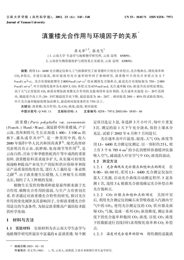 滇重楼光合作用与环境因子的关系