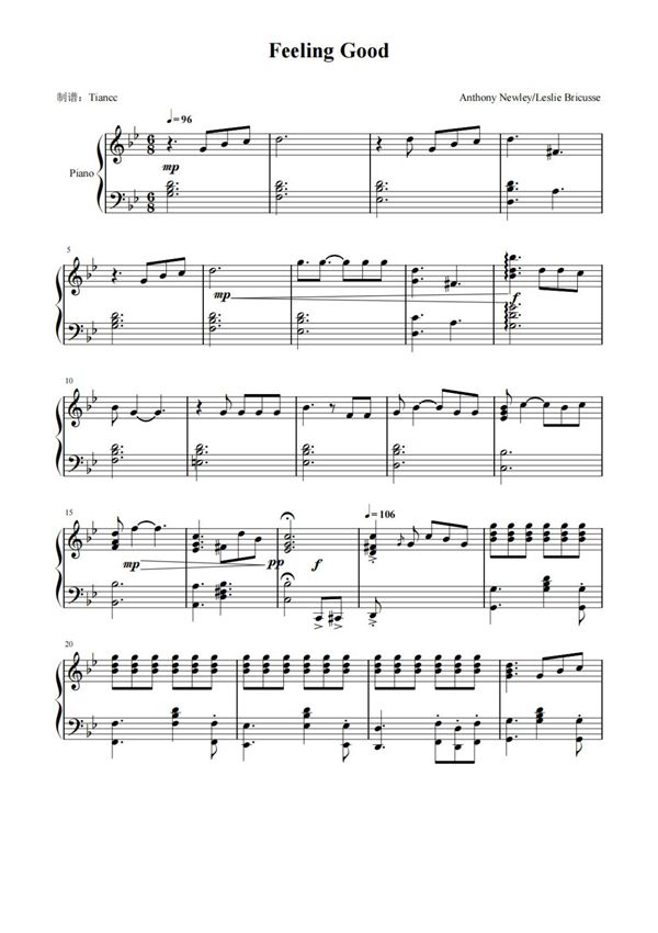 《Feeling Good》感觉超棒爵士风,849难度钢琴曲谱双手数字简谱