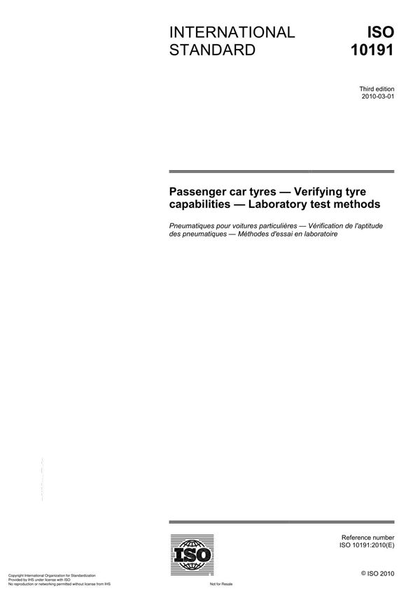 ISO 10191 Passenger car tyres Verifying tyre capabilities Laboratory test method