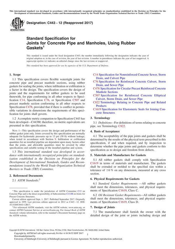 ASTM C443-12(2017) Standard Specification for Joints for Concrete Pipe and Manholes, Using Rubber Gasket