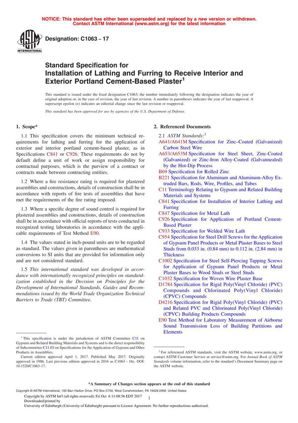 ASTM C1063 - 17 Standard Specification for Installation of Lathing and Furring to Receive Interior and Exterior Portland Cement-