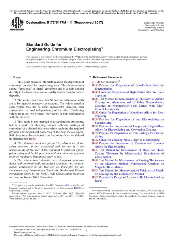 ASTM B177 B177M-11(2017) Standard Guide for Engineering Chromium Electroplating