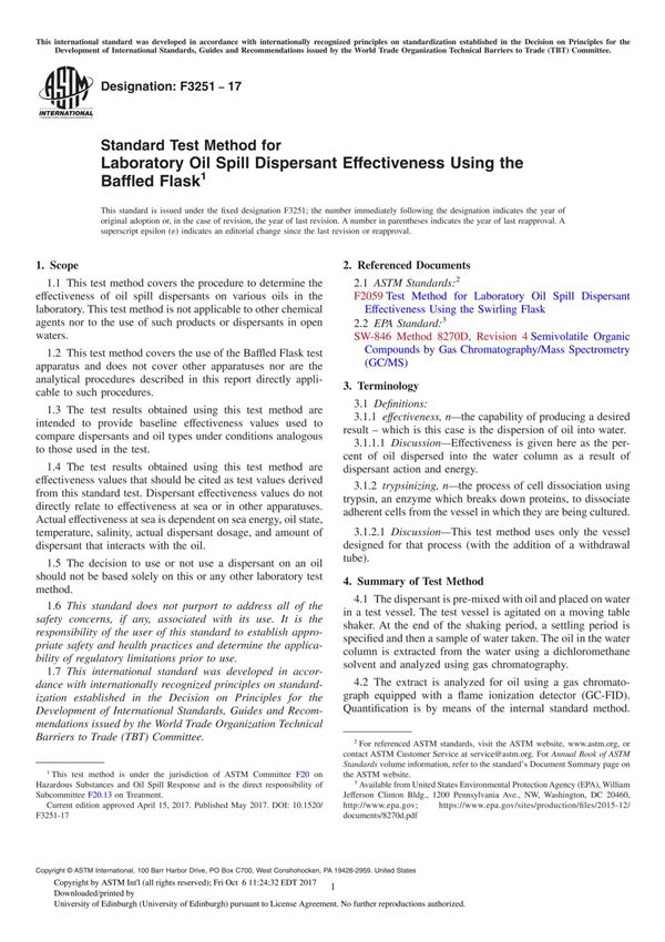 ASTM F3251-17 Standard Test Method for Laboratory Oil Spill Dispersant Effectiveness Using the Baffled Flask