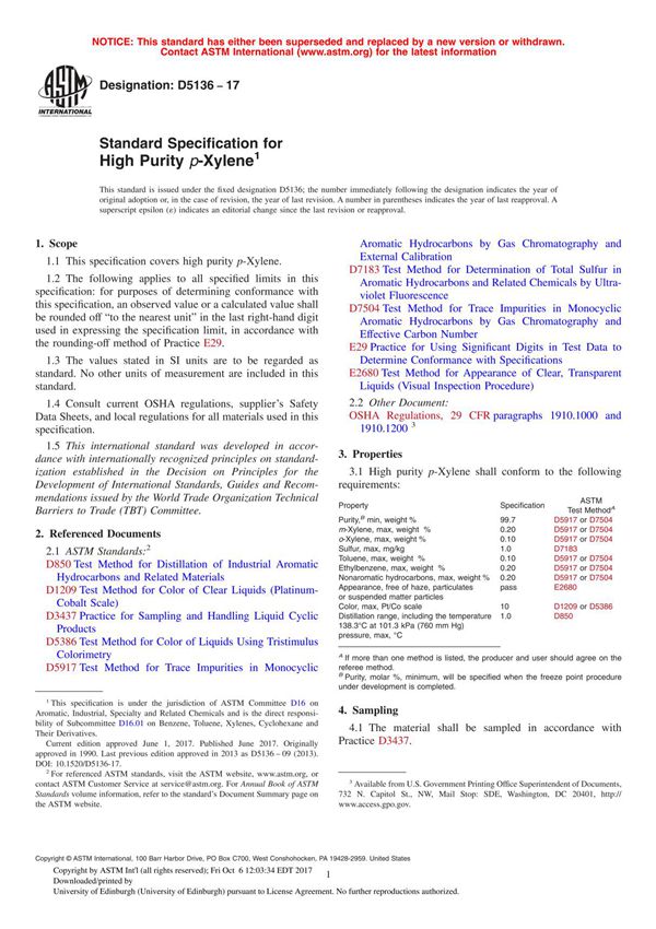 ASTM D5136 - 17 Standard Specification for High Purity p-Xylene
