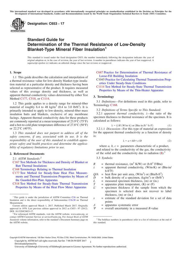ASTM C653-17 Standard Guide for Determination of the Thermal Resistance of Low-Density Blanket-Type Mineral Fiber Insulation