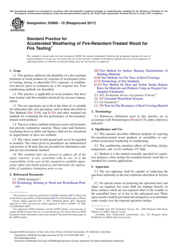 ASTM D2898-10(2017) Standard Practice for Accelerated Weathering of Fire-Retardant-Treated Wood for Fire Testing